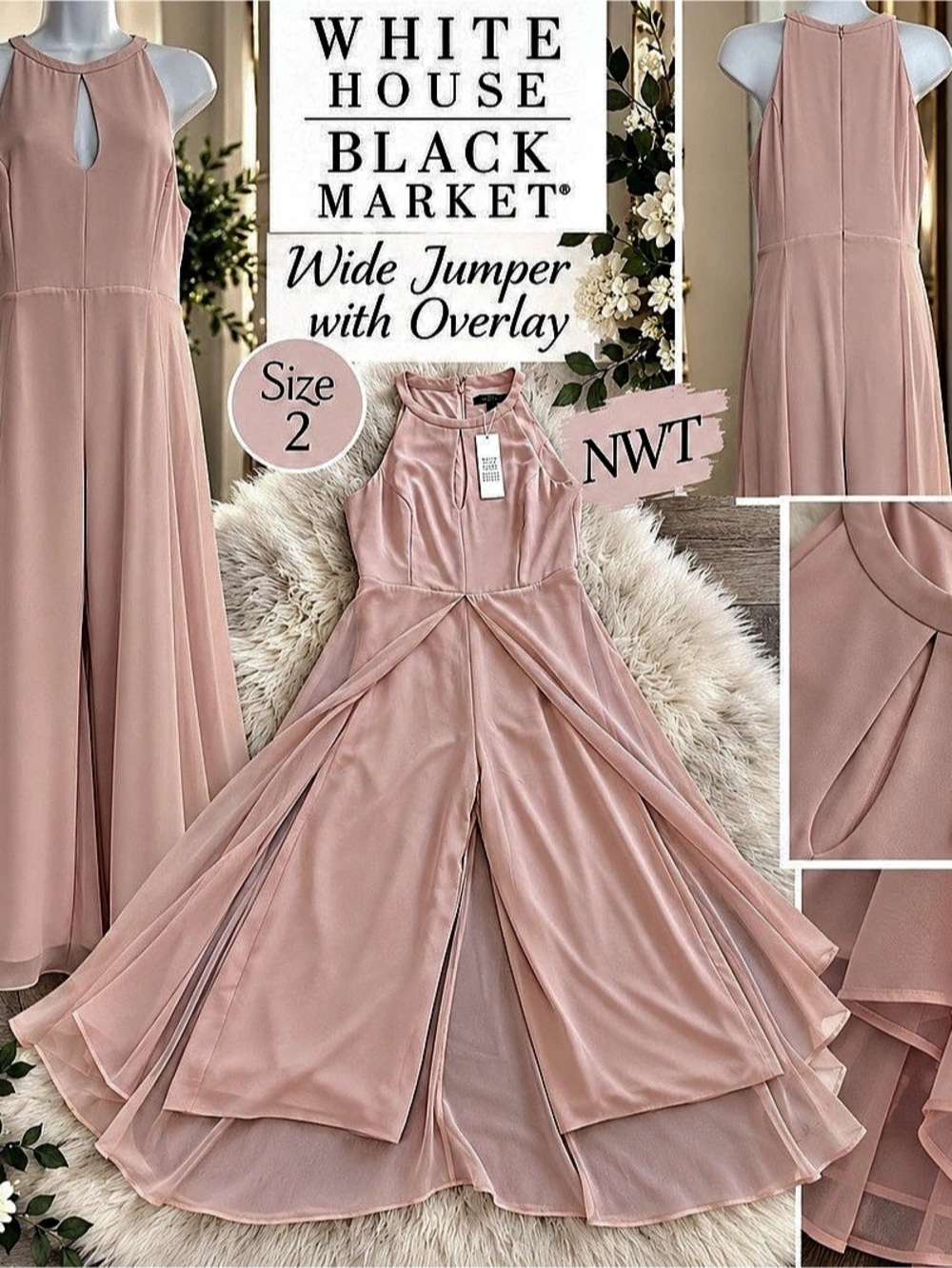 White House Black Market Wide Jumper with Overlay Pink Wide-Leg Jumpsuit Size 2